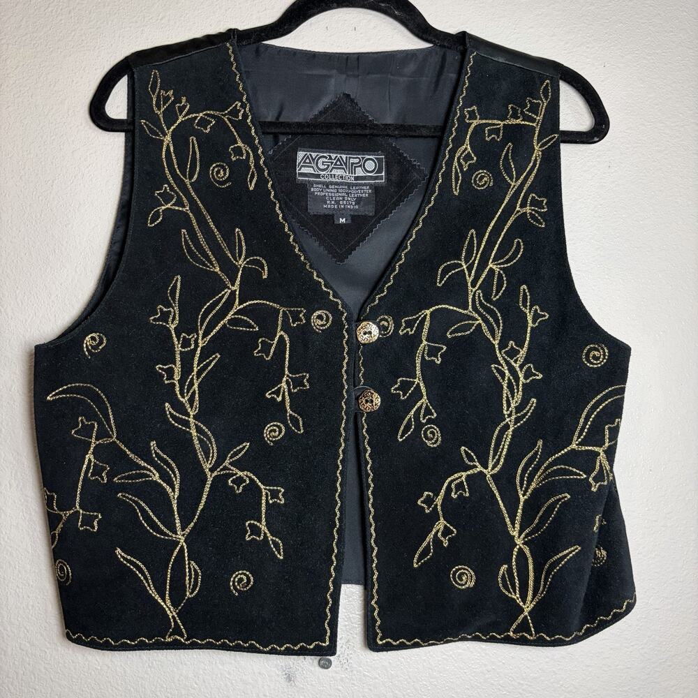 Vtg Agapo Leather Vest Sz Medium Black Gold Accents Embroider Western Folk Boho